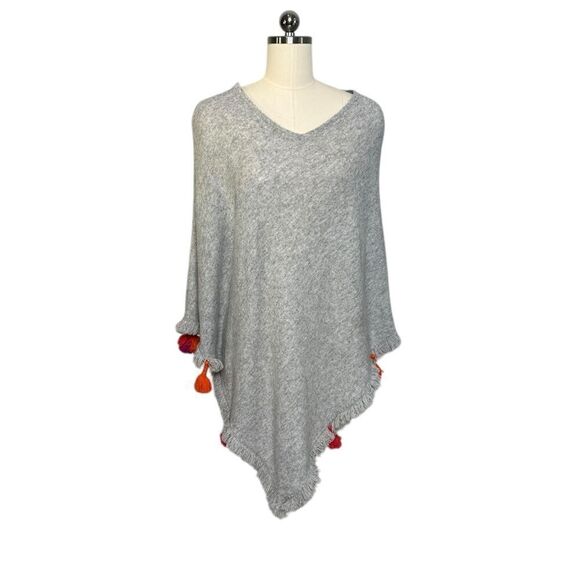 Beryll Light Gray 100% Cashmere Poncho with Pom Poms| OS - Picture 4 of 8
